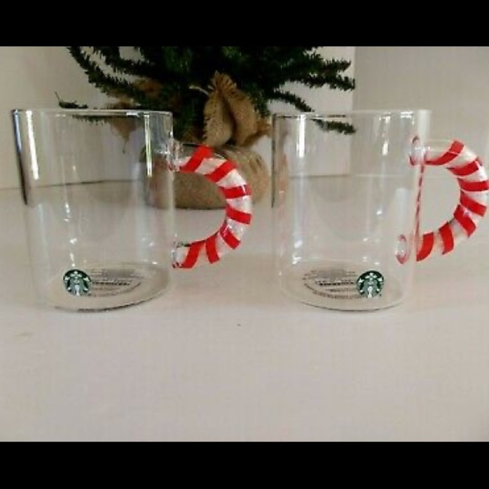 Starbucks Candy Cane Handle Glass Mugs 🍭 x2 pair